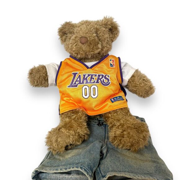 Build A Bear Curly Teddy Bear Brown Paws Vintage Retired Lakers Tank Overall 14" - Picture 9 of 15